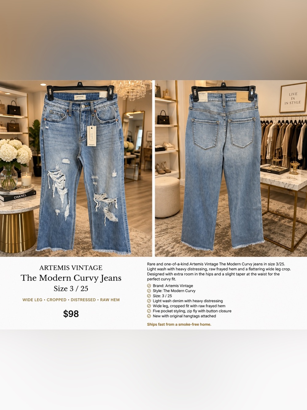 Artemis Vintage The Modern Curvy Jeans Size 3/25 Light Wash Distressed Wide Leg